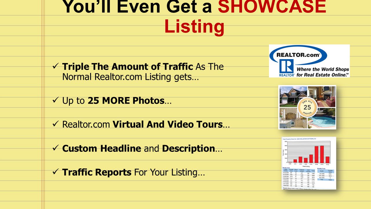 You’ll Even Get a SHOWCASE Listing Triple The Amount of Traffic As The Normal Realtor.com Listing gets… Up to 25 MORE Photos… Realtor.com Virtual And Video Tours… Custom Headline and Description… Traffic Reports For Your Listing…