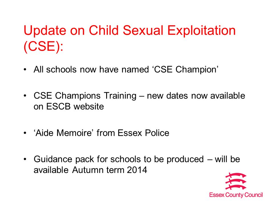 Update on Child Sexual Exploitation (CSE): All schools now have named ‘CSE Champion’ CSE Champions Training – new dates now available on ESCB website ‘Aide Memoire’ from Essex Police Guidance pack for schools to be produced – will be available Autumn term 2014