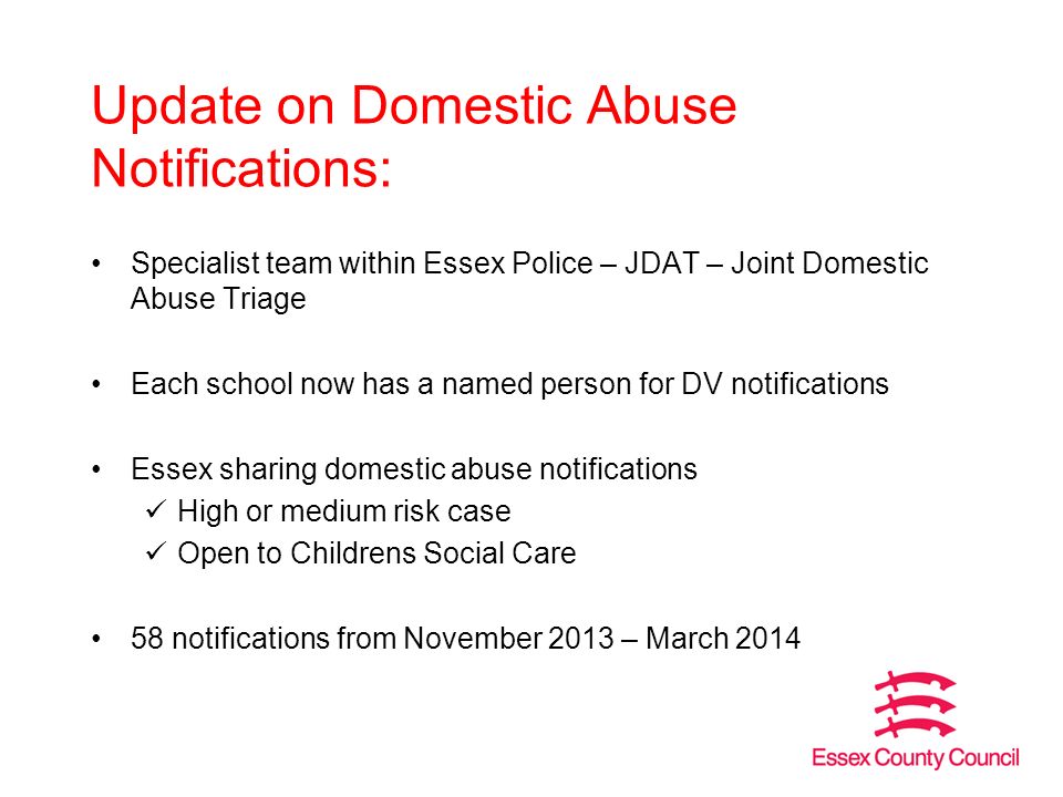Update on Domestic Abuse Notifications: Specialist team within Essex Police – JDAT – Joint Domestic Abuse Triage Each school now has a named person for DV notifications Essex sharing domestic abuse notifications High or medium risk case Open to Childrens Social Care 58 notifications from November 2013 – March 2014