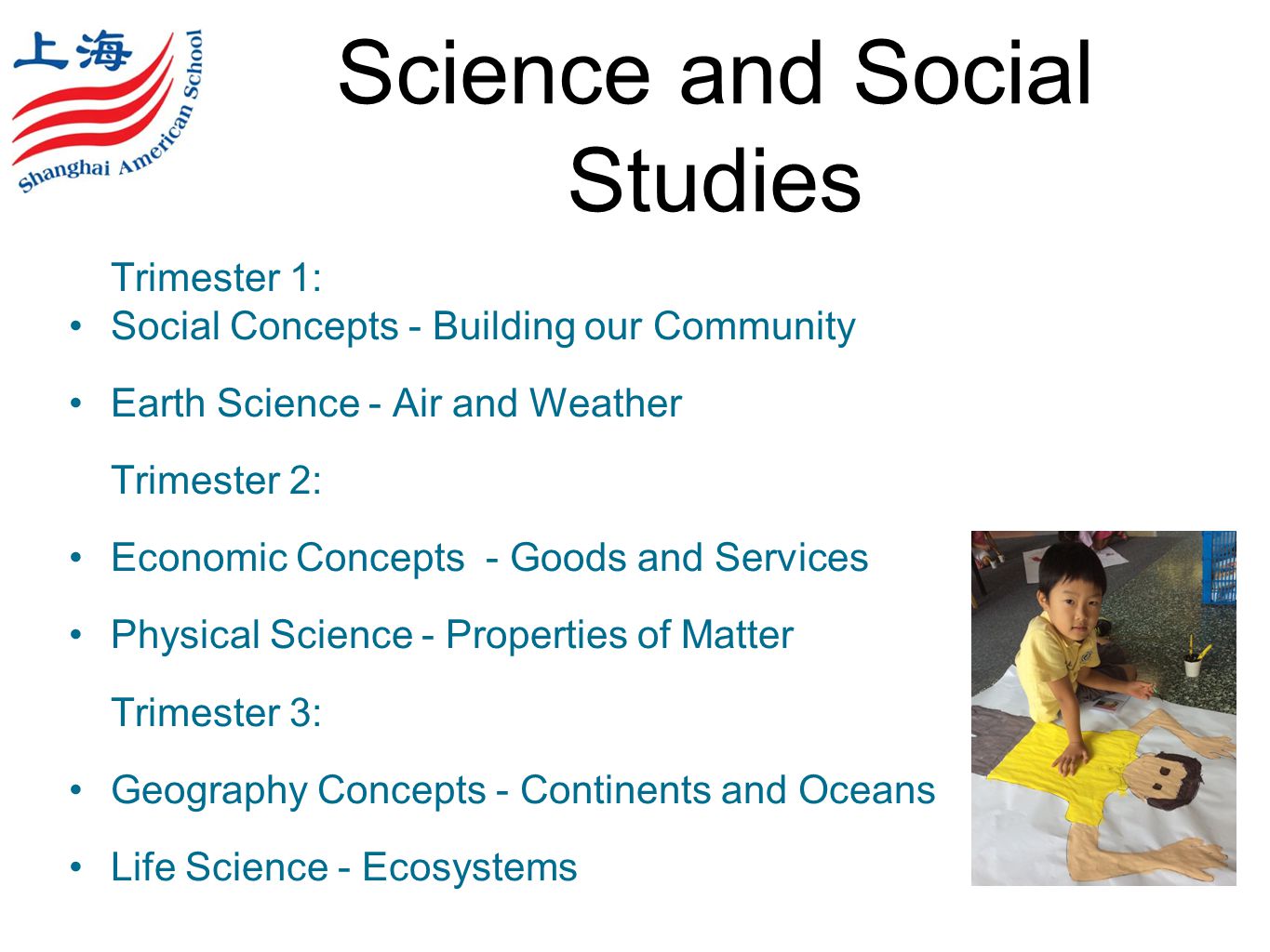 Science and Social Studies Trimester 1: Social Concepts - Building our Community Earth Science - Air and Weather Trimester 2: Economic Concepts - Goods and Services Physical Science - Properties of Matter Trimester 3: Geography Concepts - Continents and Oceans Life Science - Ecosystems