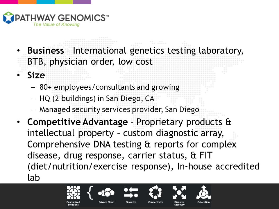 Business – International genetics testing laboratory, BTB, physician order, low cost Size – 80+ employees/consultants and growing – HQ (2 buildings) in San Diego, CA – Managed security services provider, San Diego Competitive Advantage – Proprietary products & intellectual property – custom diagnostic array, Comprehensive DNA testing & reports for complex disease, drug response, carrier status, & FIT (diet/nutrition/exercise response), In-house accredited lab