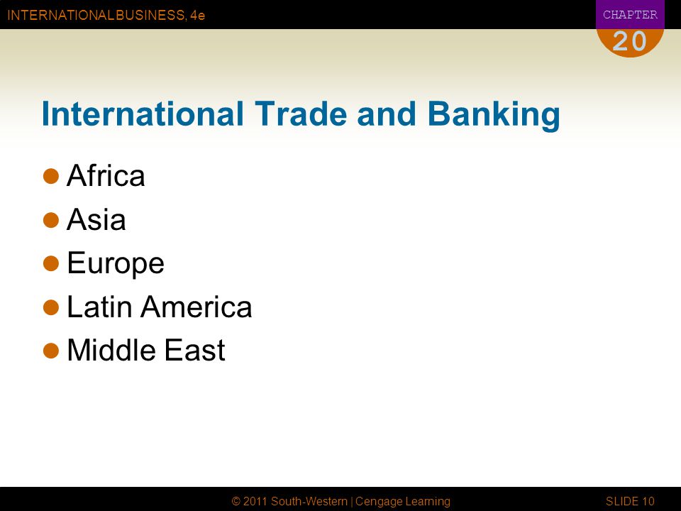 INTERNATIONAL BUSINESS, 4e CHAPTER © 2011 South-Western | Cengage Learning SLIDE International Trade and Banking Africa Asia Europe Latin America Middle East