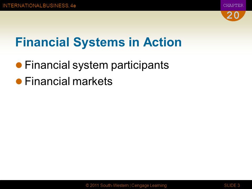 INTERNATIONAL BUSINESS, 4e CHAPTER © 2011 South-Western | Cengage Learning SLIDE 3 20 Financial Systems in Action Financial system participants Financial markets