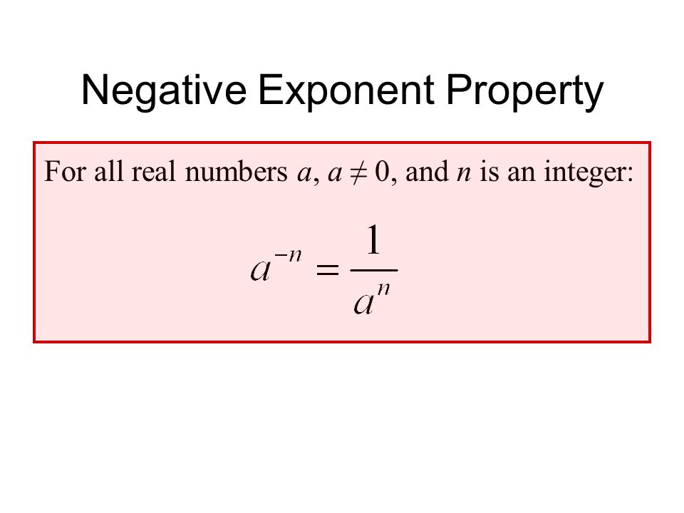 Negative Exponent Property For all real numbers a, a ≠ 0, and n is an integer: