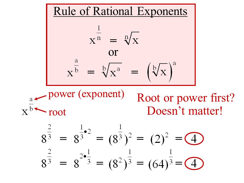 Rule of Rational Exponents = or == power (exponent) root = = == = = == Root or power first.