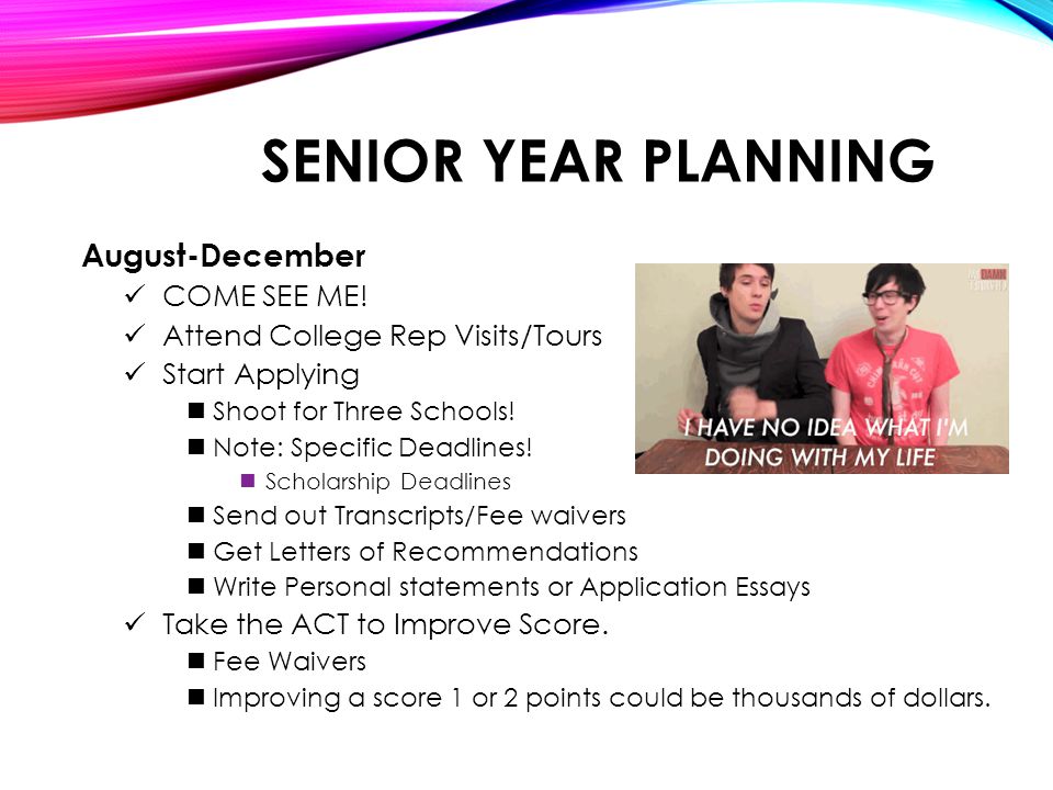 SENIOR YEAR PLANNING August-December COME SEE ME.