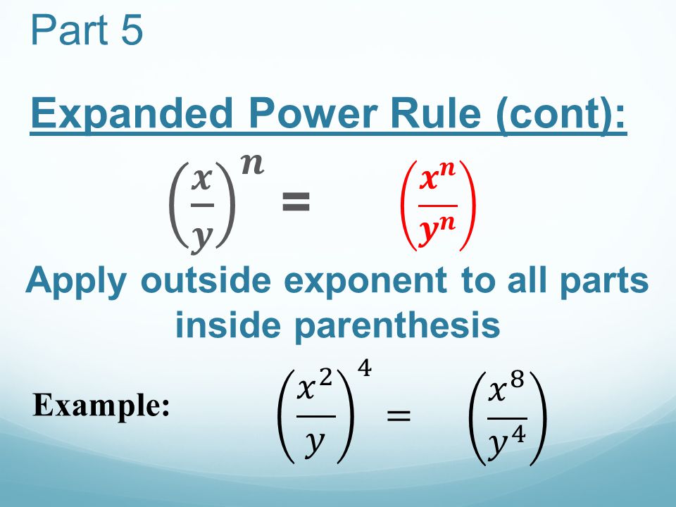 Part 5 Expanded Power Rule (cont): Example: Apply outside exponent to all parts inside parenthesis