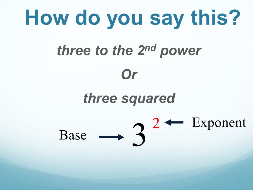 three to the 2 nd power Or three squared 3 2 Base Exponent How do you say this