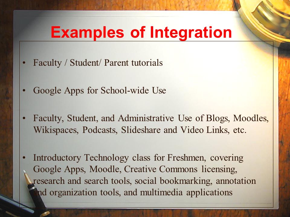 Examples of Integration Faculty / Student/ Parent tutorials Google Apps for School-wide Use Faculty, Student, and Administrative Use of Blogs, Moodles, Wikispaces, Podcasts, Slideshare and Video Links, etc.