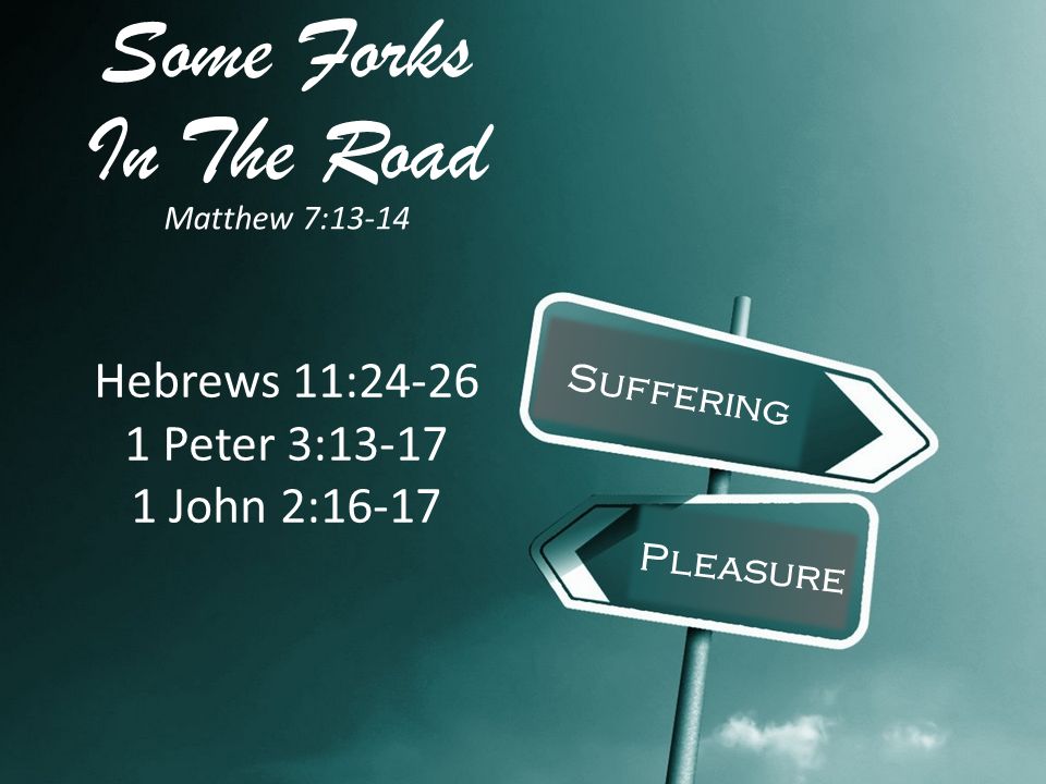 Some Forks In The Road Matthew 7:13-14 Suffering Pleasure Hebrews 11: Peter 3: John 2:16-17