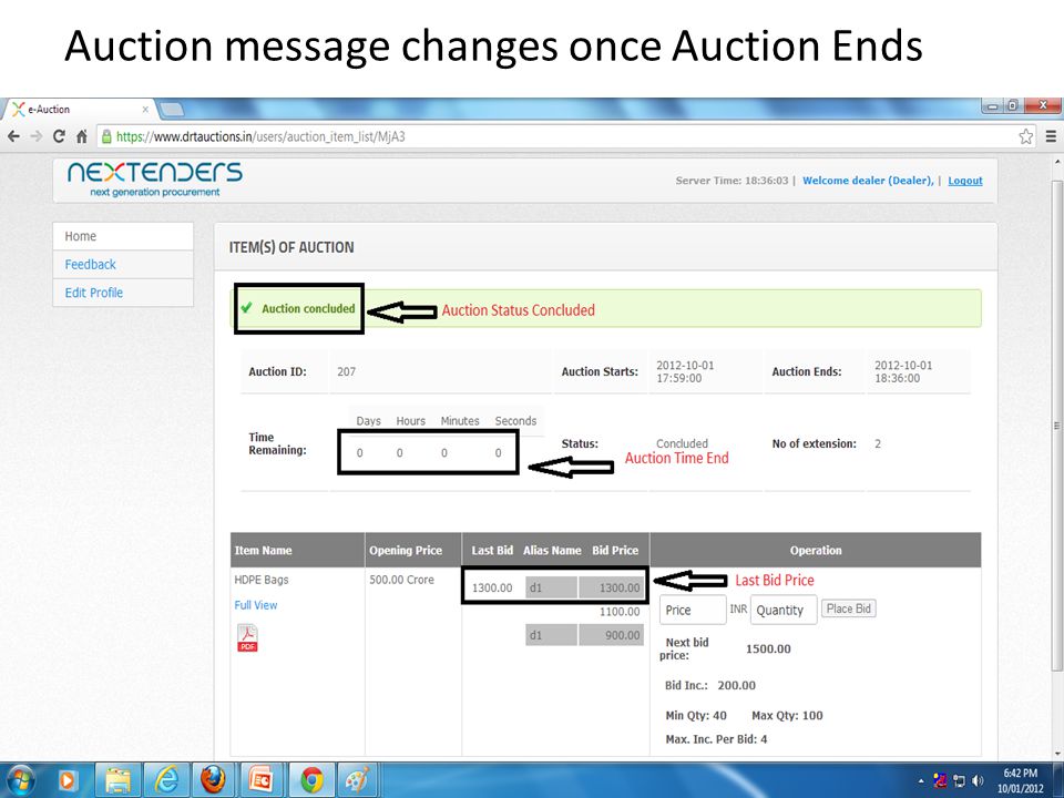 Auction message changes once Auction Ends