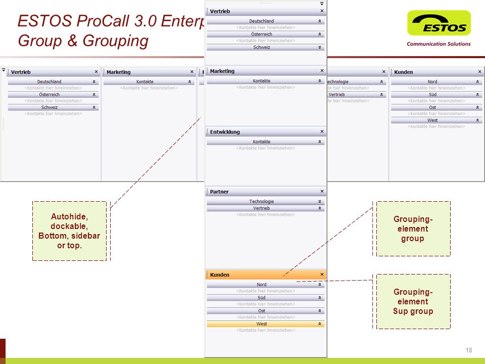 ESTOS ProCall 3.0 Enterprise Group & Grouping 18 Autohide, dockable, Bottom, sidebar or top.