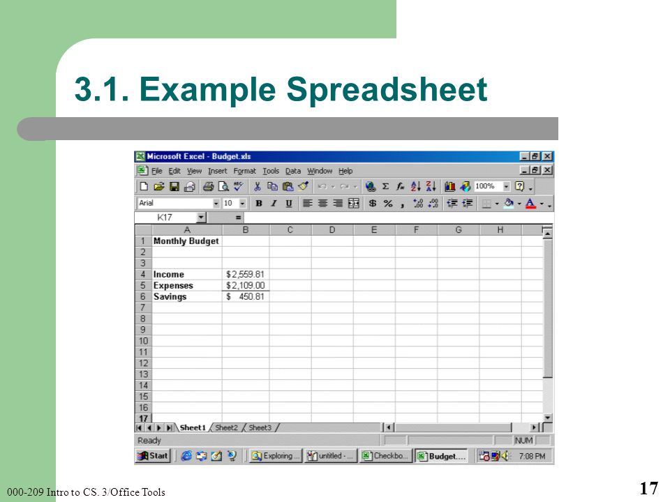 Intro to CS. 3/Office Tools Example Spreadsheet