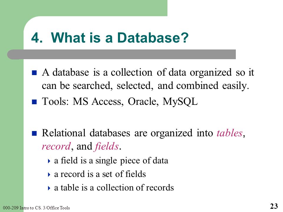 Intro to CS. 3/Office Tools What is a Database.