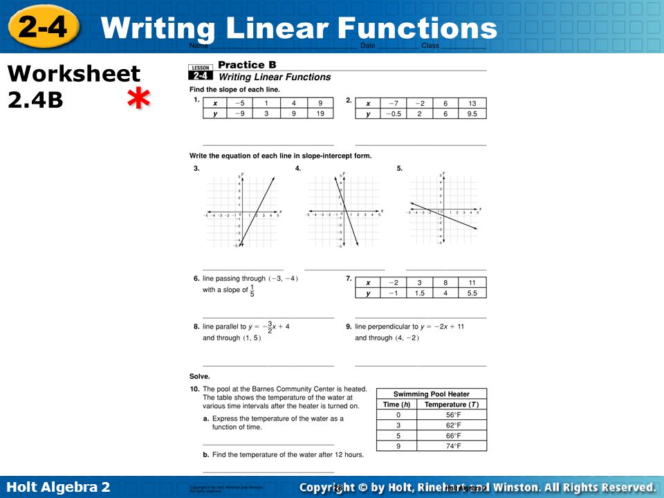 Printables Linear Functions Worksheet Algebra 2 holt algebra writing linear functions 2 4 worksheet 4b
