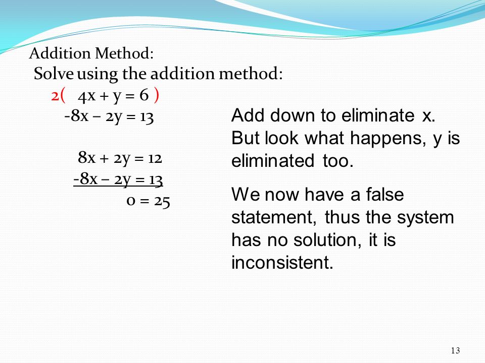 Addition Method: Solve using the addition method: 2(4x + y = 6 ) -8x – 2y = 13 8x + 2y = 12 -8x – 2y = 13 0 = Add down to eliminate x.