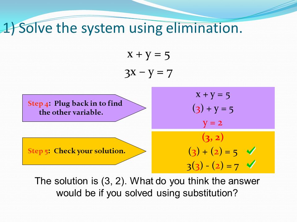 1) Solve the system using elimination. Step 4: Plug back in to find the other variable.