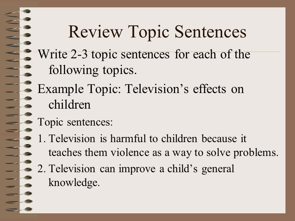 Review Topic Sentences Write 2-3 topic sentences for each of the following topics.