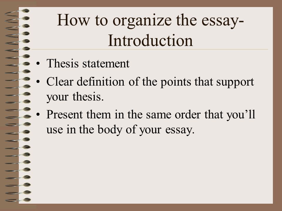 How to organize the essay- Introduction Thesis statement Clear definition of the points that support your thesis.