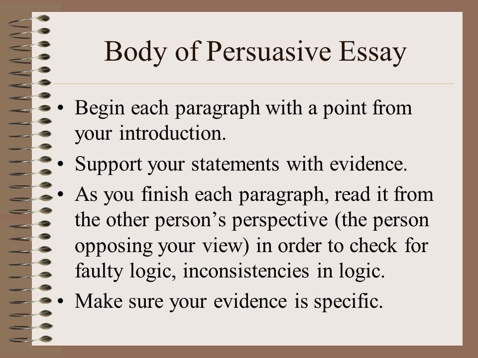 Body of Persuasive Essay Begin each paragraph with a point from your introduction.