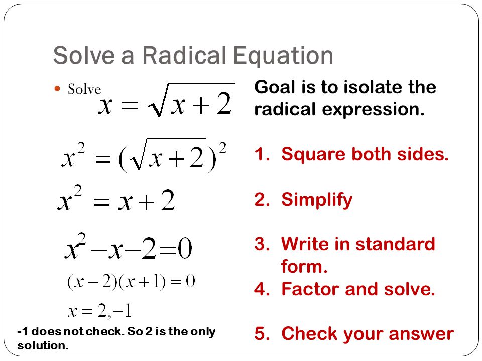 Solve Solve a Radical Equation Goal is to isolate the radical expression.