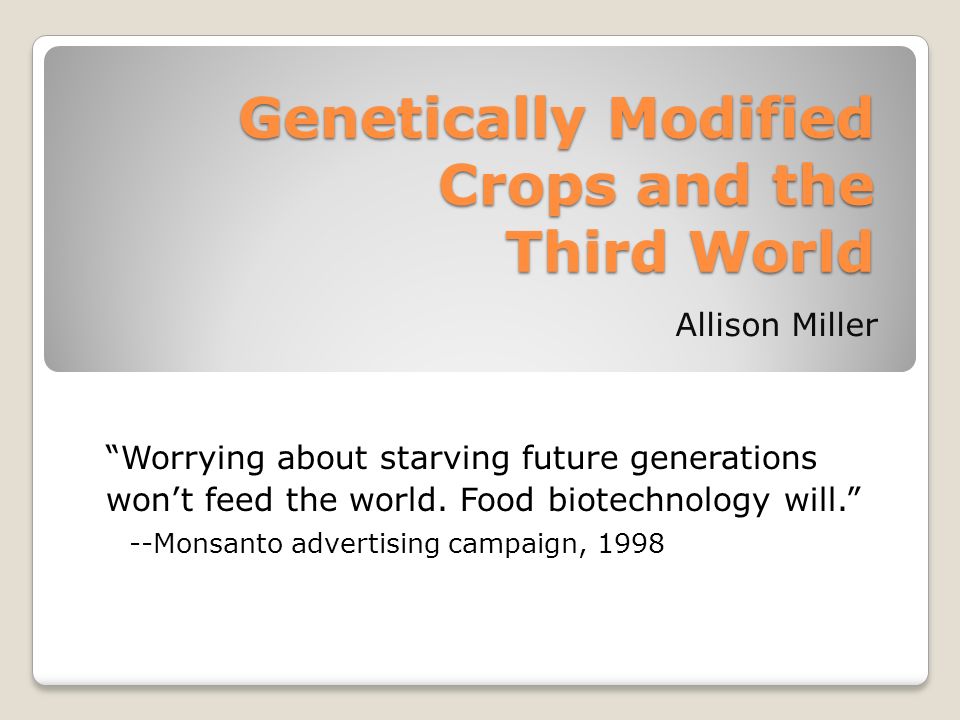 Genetically Modified Crops and the Third World Allison Miller Worrying about starving future generations won’t feed the world.