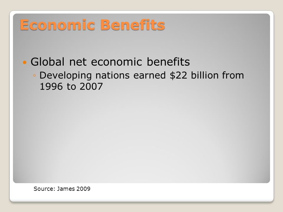 Economic Benefits Global net economic benefits ◦Developing nations earned $22 billion from 1996 to 2007 Source: James 2009