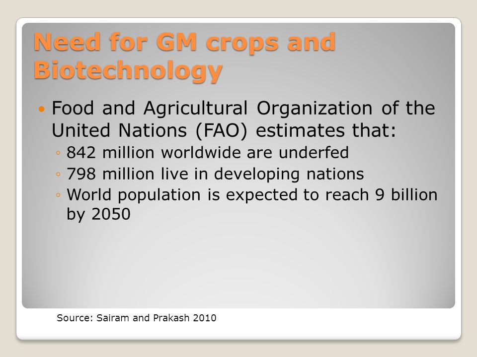 Need for GM crops and Biotechnology Food and Agricultural Organization of the United Nations (FAO) estimates that: ◦842 million worldwide are underfed ◦798 million live in developing nations ◦World population is expected to reach 9 billion by 2050 Source: Sairam and Prakash 2010