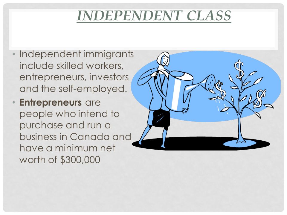 INDEPENDENT CLASS Independent immigrants include skilled workers, entrepreneurs, investors and the self-employed.