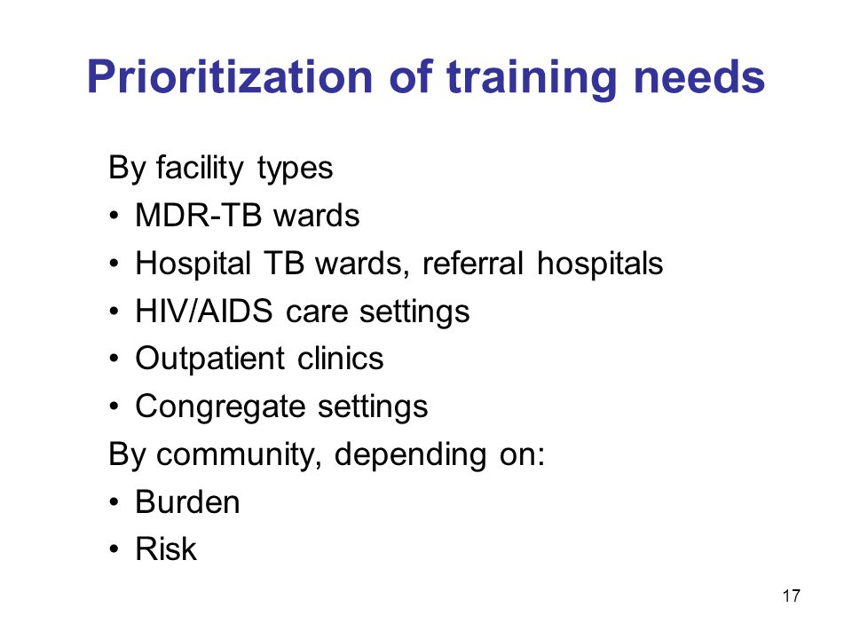 By facility types MDR-TB wards Hospital TB wards, referral hospitals HIV/AIDS care settings Outpatient clinics Congregate settings By community, depending on: Burden Risk Prioritization of training needs 17