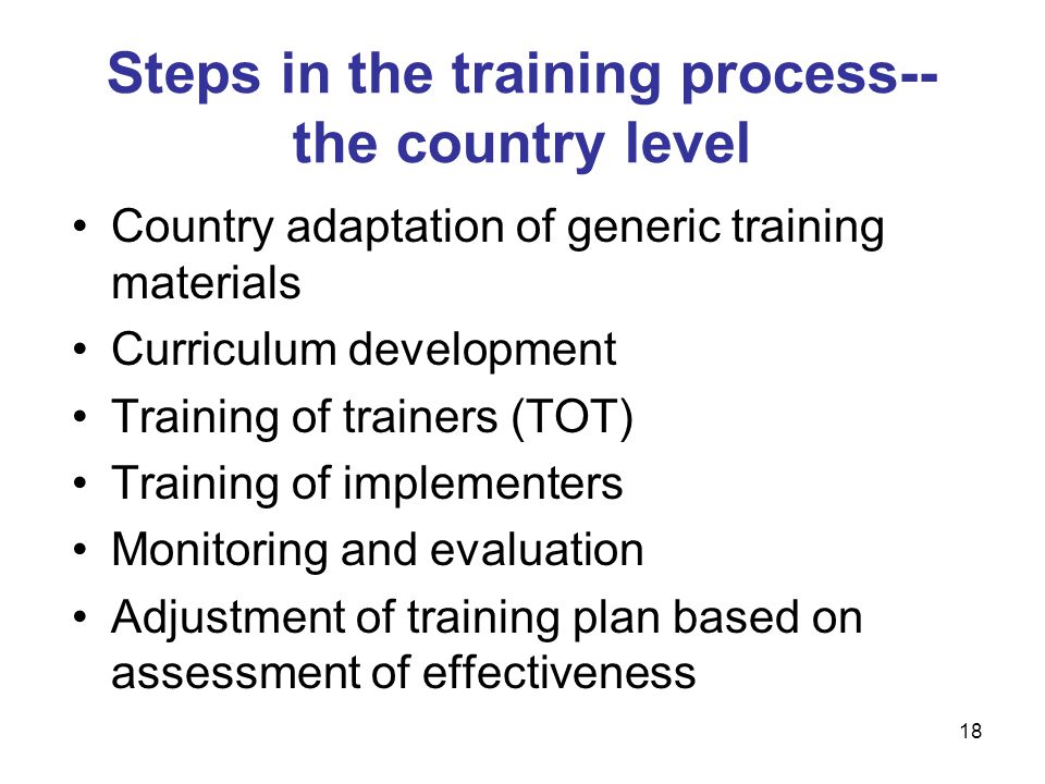Country adaptation of generic training materials Curriculum development Training of trainers (TOT) Training of implementers Monitoring and evaluation Adjustment of training plan based on assessment of effectiveness Steps in the training process-- the country level 18