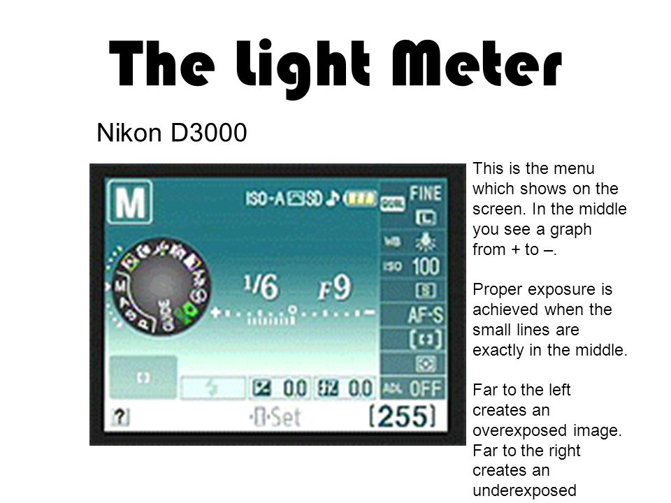 The Light Meter Nikon D3000 This is the menu which shows on the screen.