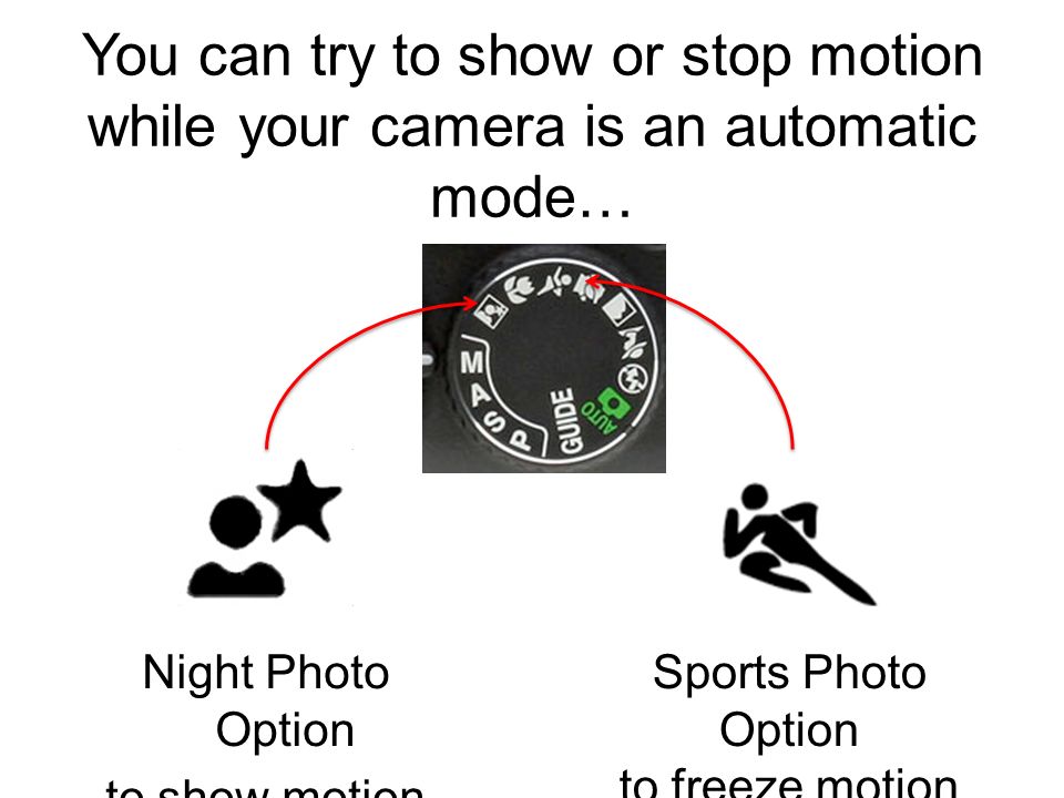 You can try to show or stop motion while your camera is an automatic mode… Night Photo Option to show motion Sports Photo Option to freeze motion