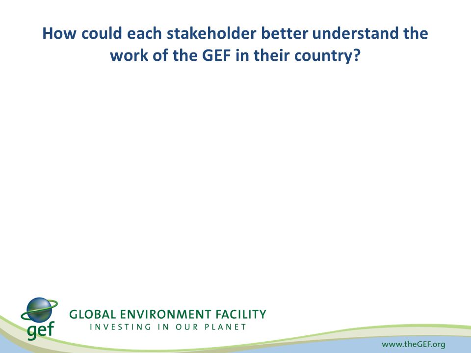 How could each stakeholder better understand the work of the GEF in their country