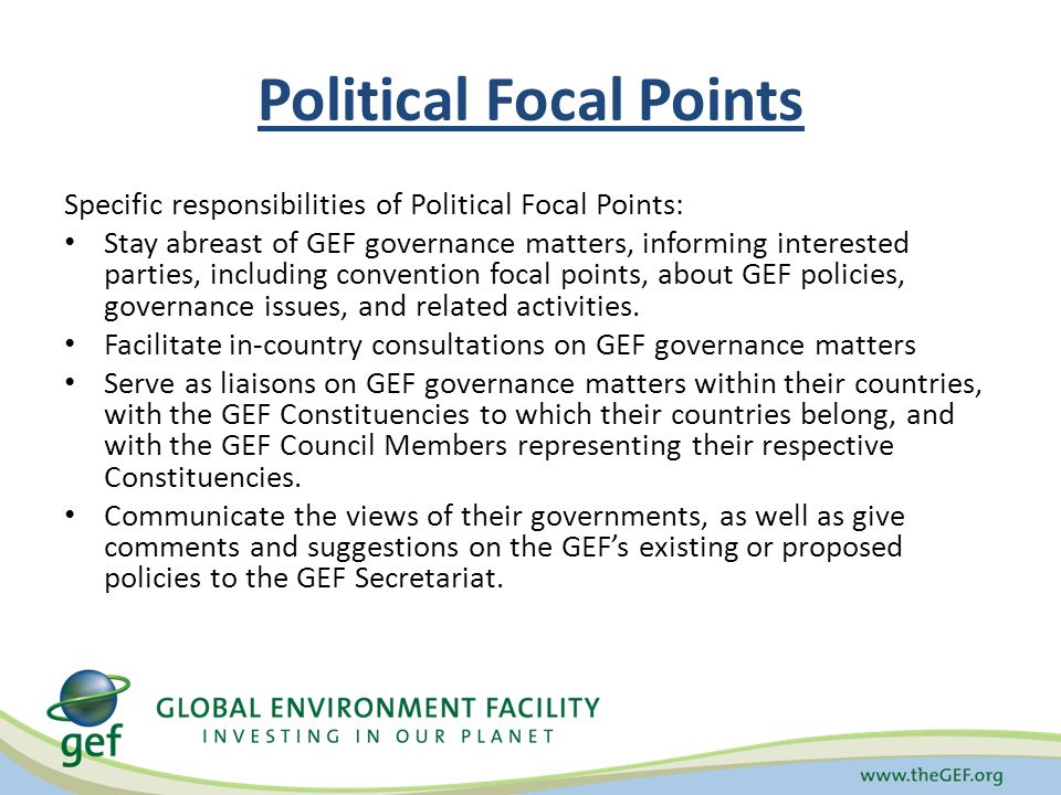 Political Focal Points Specific responsibilities of Political Focal Points: Stay abreast of GEF governance matters, informing interested parties, including convention focal points, about GEF policies, governance issues, and related activities.