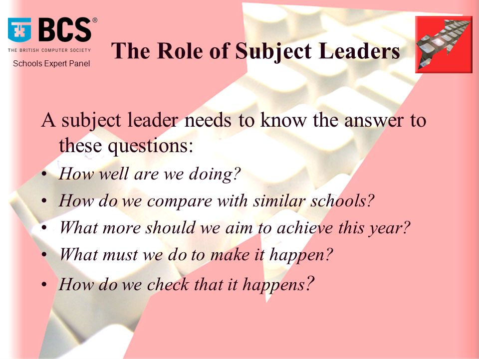 Schools Expert Panel The Role of Subject Leaders A subject leader needs to know the answer to these questions: How well are we doing.