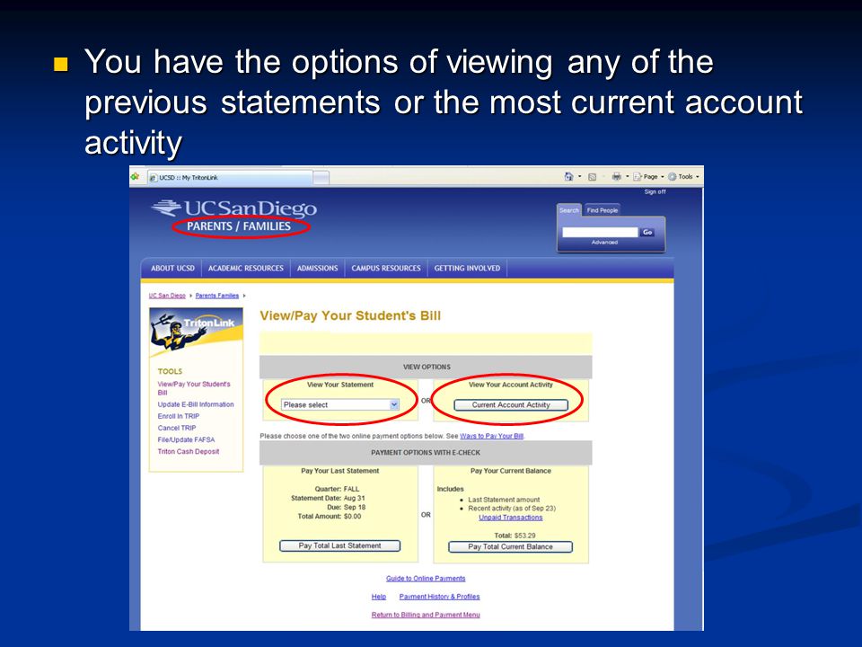 You have the options of viewing any of the previous statements or the most current account activity You have the options of viewing any of the previous statements or the most current account activity
