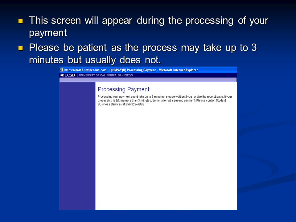 This screen will appear during the processing of your payment This screen will appear during the processing of your payment Please be patient as the process may take up to 3 minutes but usually does not.