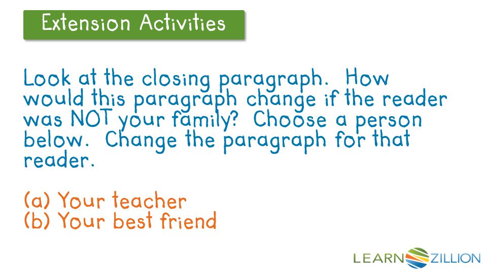 Let’s Review Extension Activities Look at the closing paragraph.