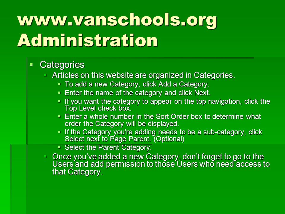 Administration  Categories  Articles on this website are organized in Categories.
