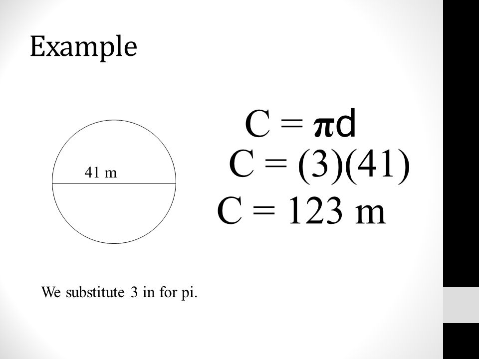Example 41 m C = π d C = (3)(41) C = 123 m We substitute 3 in for pi.