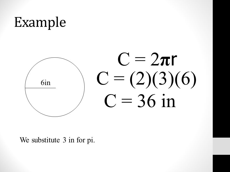 Example 6in C = 2π r C = (2)(3)(6) C = 36 in We substitute 3 in for pi.