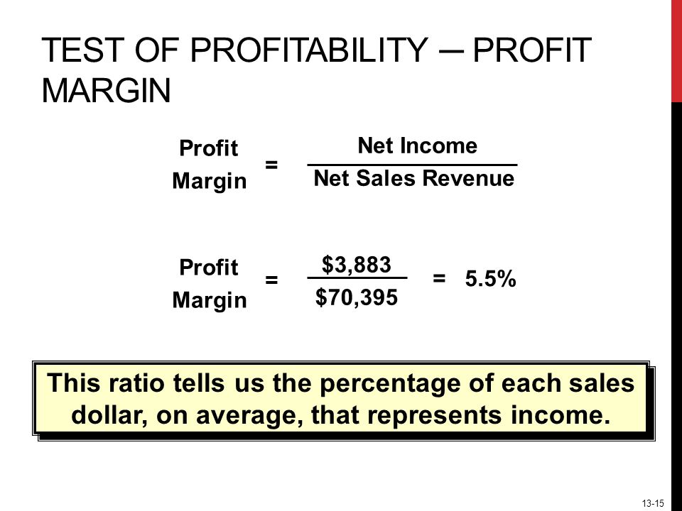 13-15 TEST OF PROFITABILITY ─ PROFIT MARGIN This ratio tells us the percentage of each sales dollar, on average, that represents income.