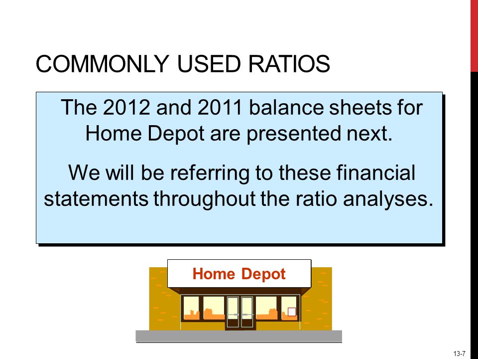 13-7 COMMONLY USED RATIOS The 2012 and 2011 balance sheets for Home Depot are presented next.