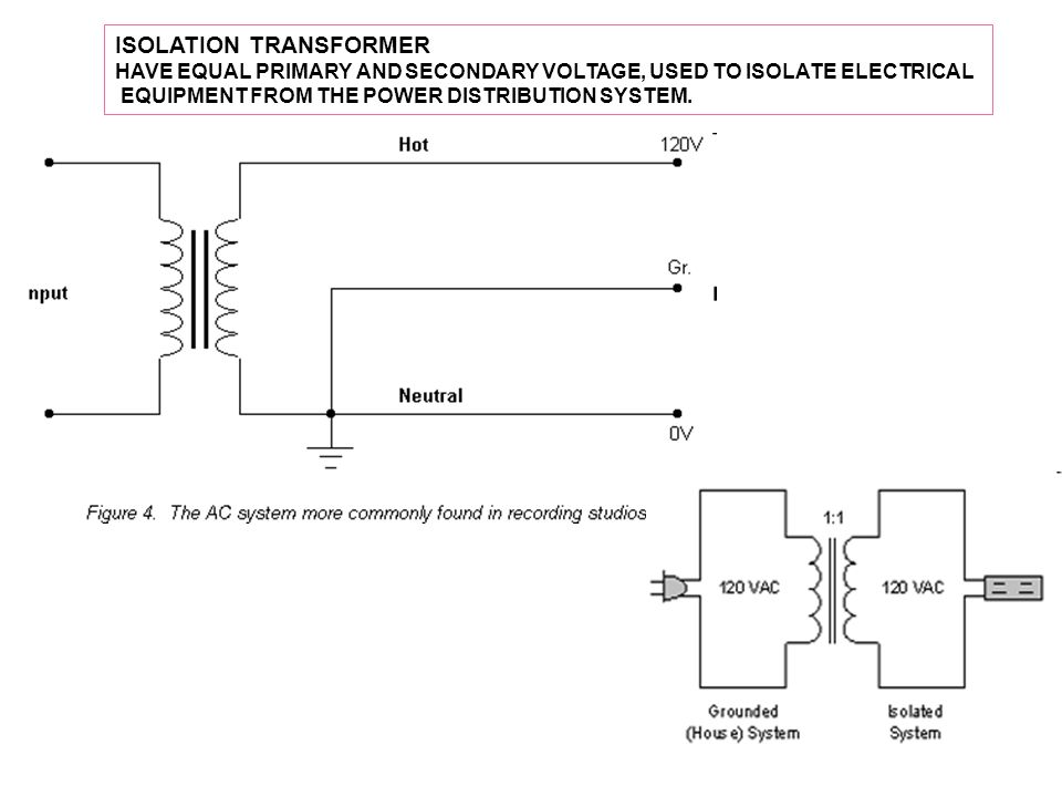 ISOLATION TRANSFORMER HAVE EQUAL PRIMARY AND SECONDARY VOLTAGE, USED TO ISOLATE ELECTRICAL EQUIPMENT FROM THE POWER DISTRIBUTION SYSTEM.