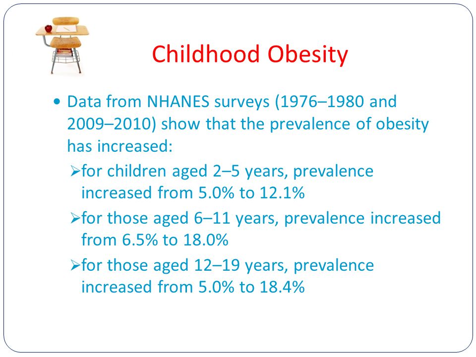 Childhood Obesity Data from NHANES surveys (1976–1980 and 2009–2010) show that the prevalence of obesity has increased:  for children aged 2–5 years, prevalence increased from 5.0% to 12.1%  for those aged 6–11 years, prevalence increased from 6.5% to 18.0%  for those aged 12–19 years, prevalence increased from 5.0% to 18.4%
