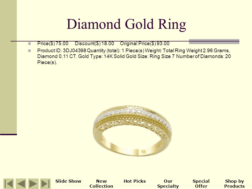 Ring Price($) Discount($) Original Price($) Quantity (total): 1 Piece(s) Weight: Total Ring Weight 3.06 Grams, Diamond 0.13 CT.
