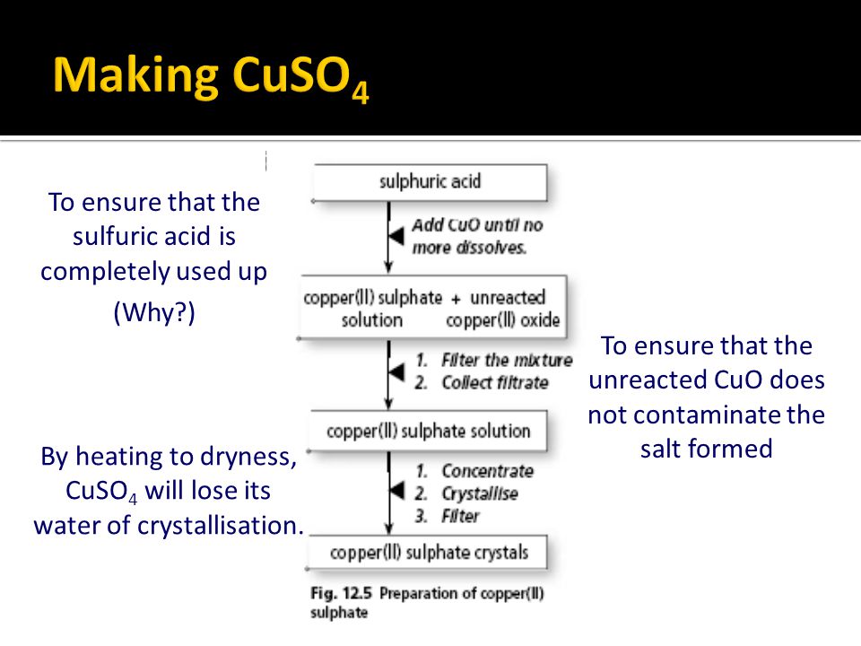 To ensure that the sulfuric acid is completely used up (Why ) To ensure that the unreacted CuO does not contaminate the salt formed By heating to dryness, CuSO 4 will lose its water of crystallisation.