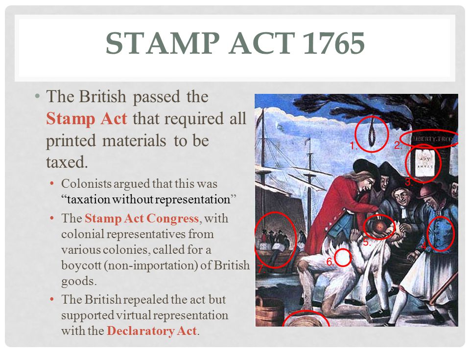 STAMP ACT 1765 The British passed the Stamp Act that required all printed materials to be taxed.