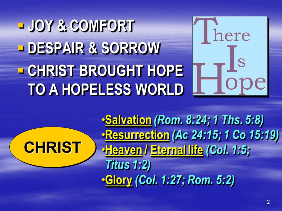 2  JOY & COMFORT  DESPAIR & SORROW  CHRIST BROUGHT HOPE TO A HOPELESS WORLD  JOY & COMFORT  DESPAIR & SORROW  CHRIST BROUGHT HOPE TO A HOPELESS WORLD CHRIST CHRIST Salvation (Rom.